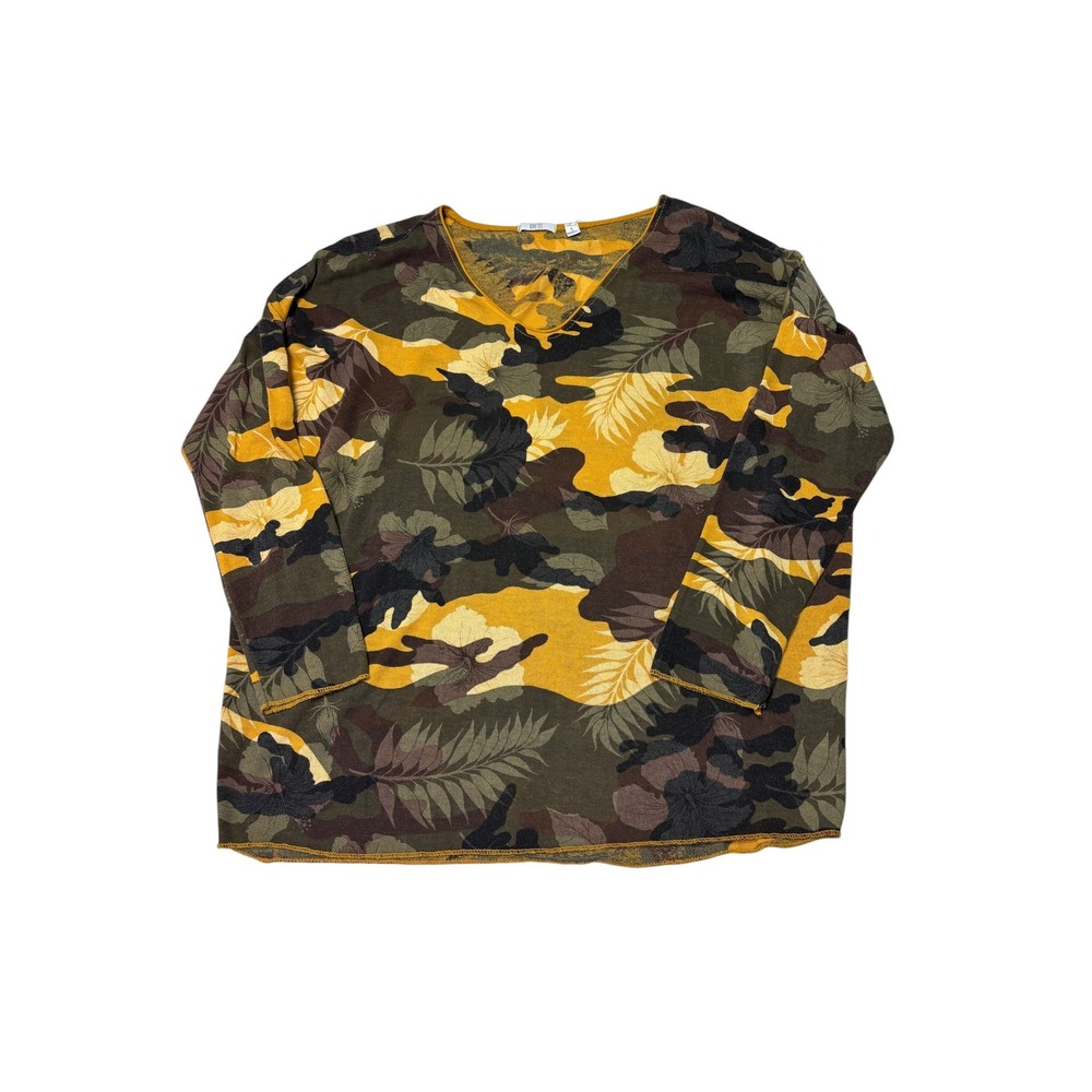 Kaktus Womens Camo Floral V-Neck Long Sleeve Top Yellow Green Made in Italy S